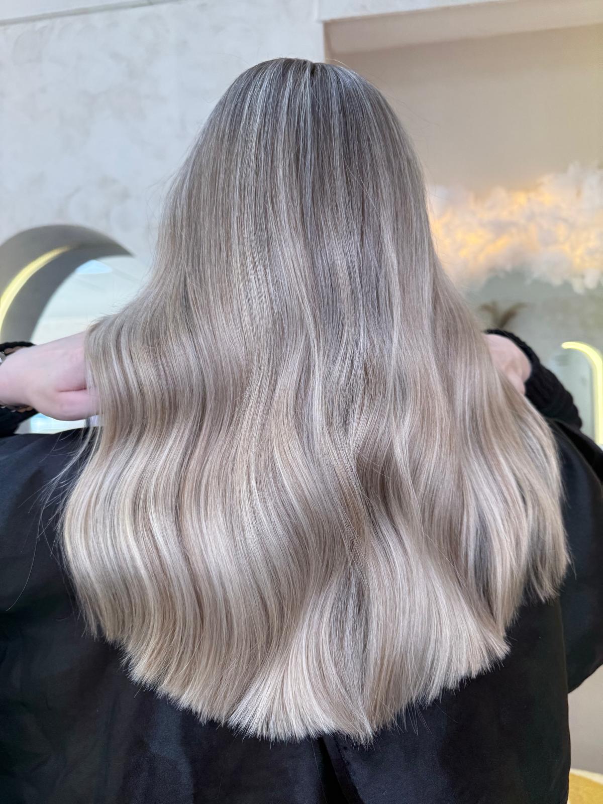 Cool ash blonde blended colour with soft waves