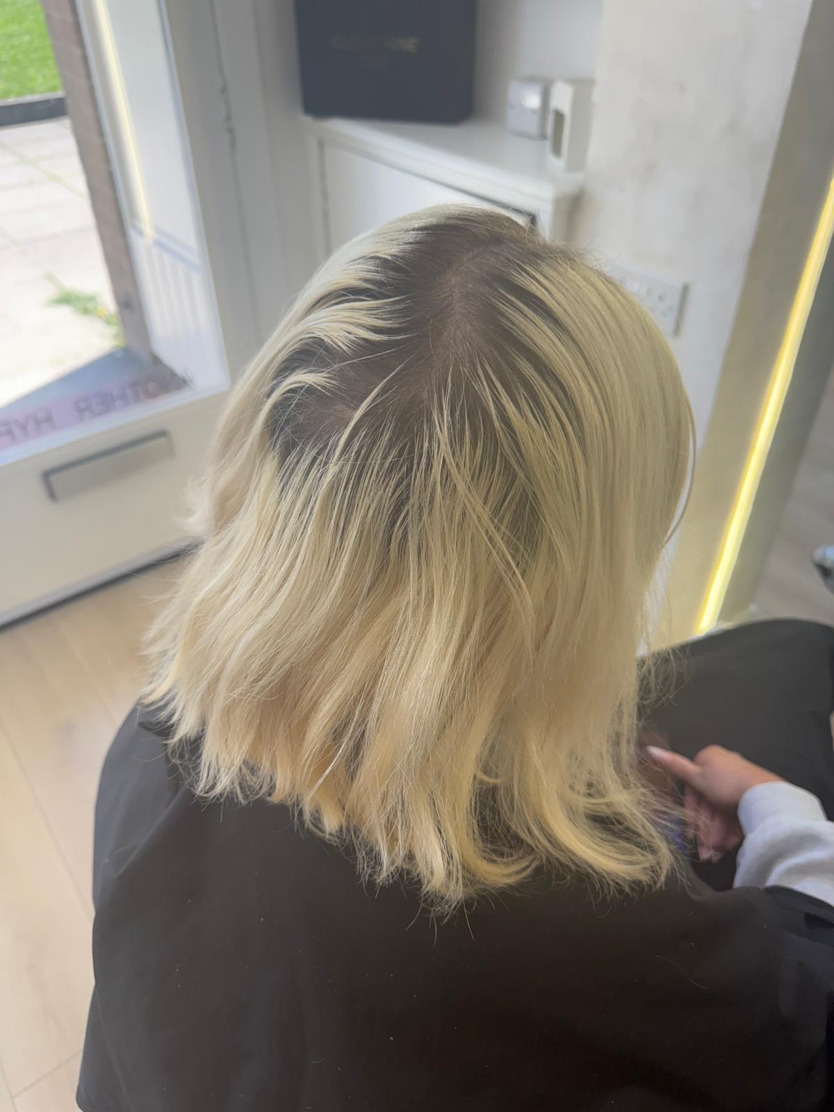 Shoulder length blonde bob before extensions